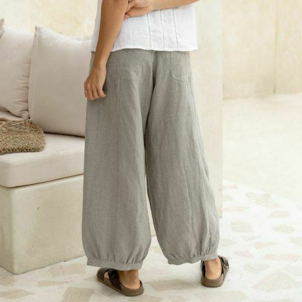Nomad The Label Gray Sadhu French Linen Pants Smocked Wide Leg Size Large - Picture 2 of 8